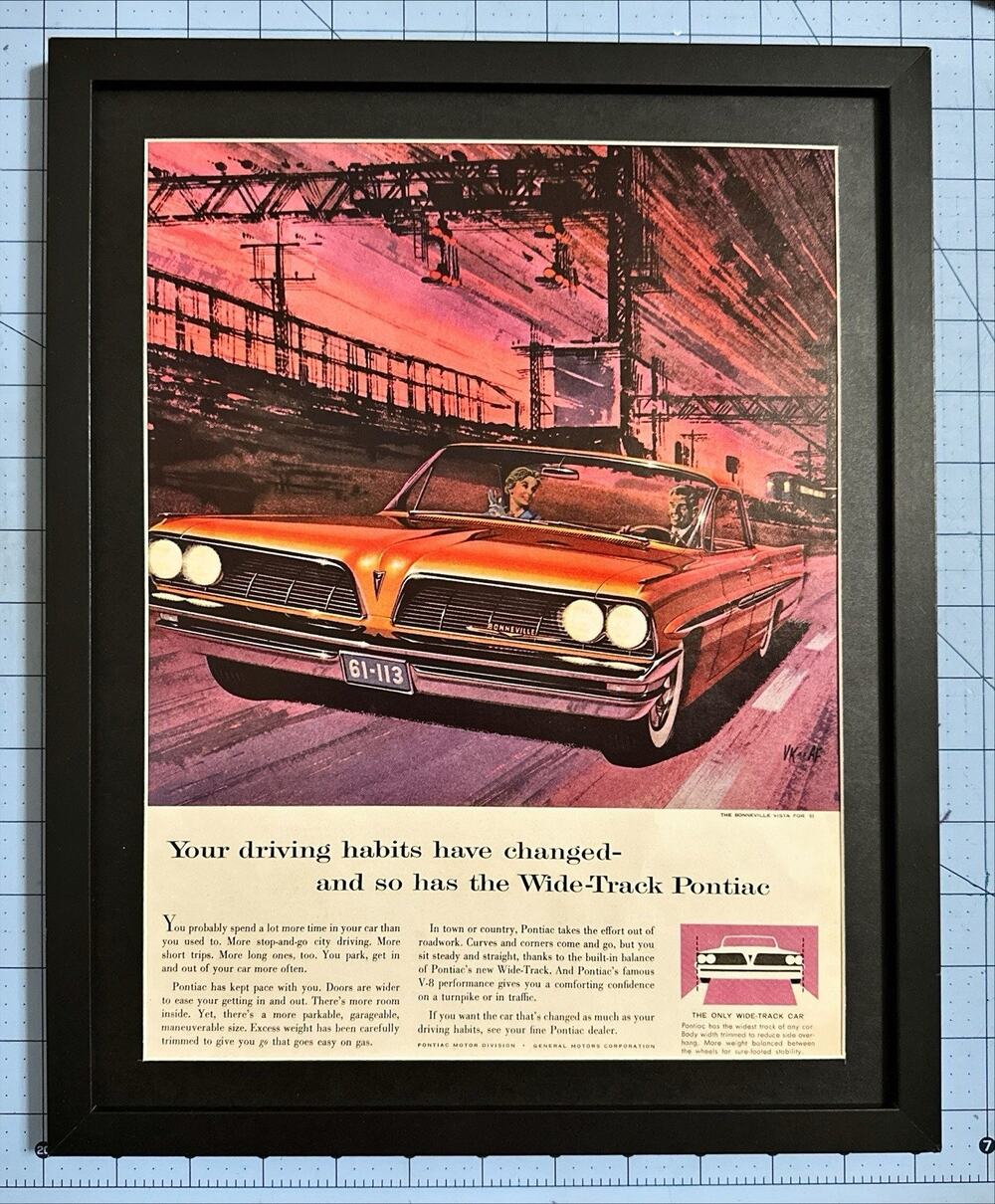 FRAMED 1961 PONTIAC Bonnevill Vista Driving Habits Changed Wide-Track Print Ad